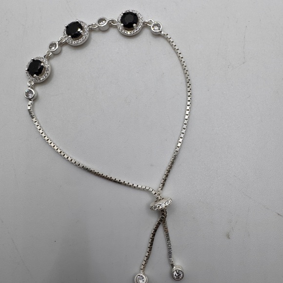 Sterling Silver Adjustable Bracelet Faux Sapphire Clear Crystals .925 - Picture 9 of 13